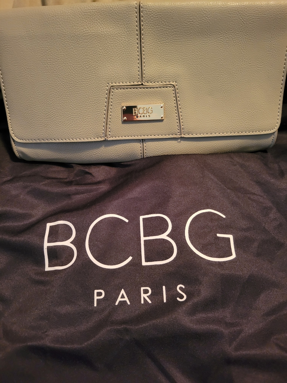 BCBG Paris Light Gray Leather Clutch with Metal Logo Plate & Dustbag